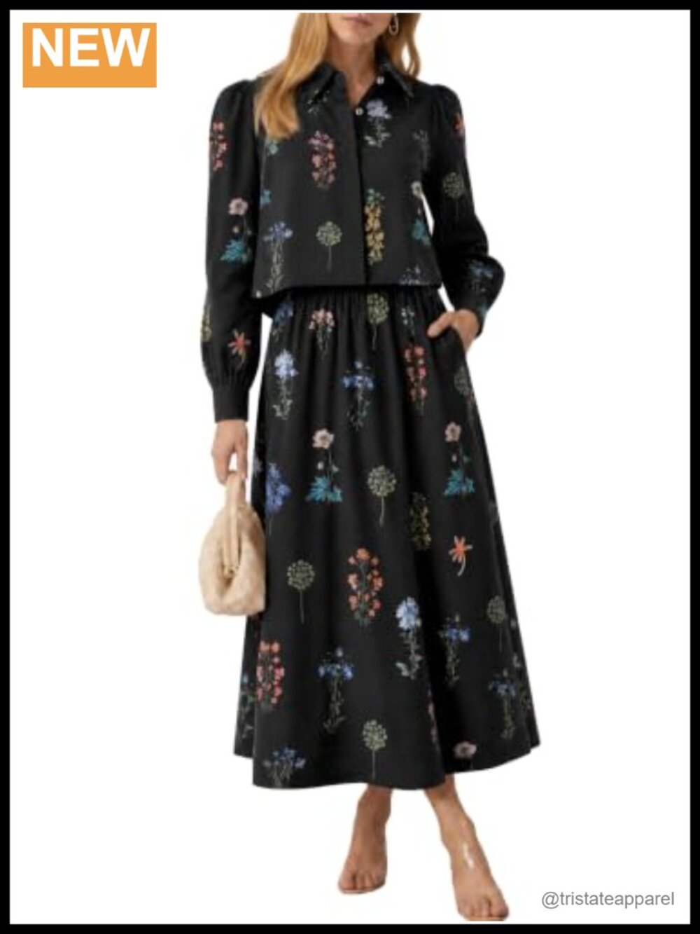Floral Puff Sleeve Crop Top & Maxi Skirt Matching 2 Piece Set